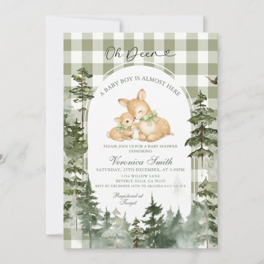 Herten Bos Gingham Baby Shower Kaart (Voorkant)