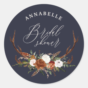 Herten bruiloft in rustieke navyblauwe botanische ronde sticker
