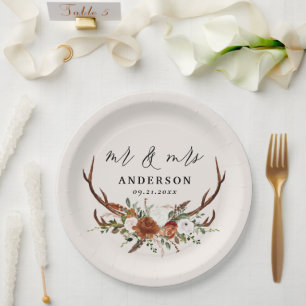 Herten bruiloft met botanisch script voor meneer e papieren bordje