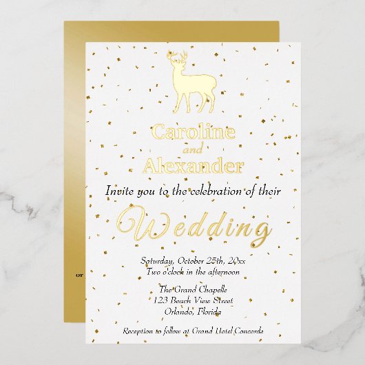Herten Buck Silhouet & Glittery Gold Confetti Folie Uitnodiging (Voorkant / Achterkant)