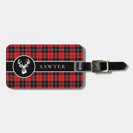 Herten Buffel Plaid Rood Zwart Monogram Bagagelabel (Voorkant horizontaal)