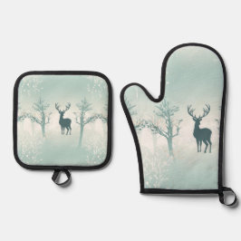 Herten en boom patroon ovenwant & pannenlap set