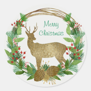 Herten en dennen Bough Vrolijke Kerstkrans Ronde Sticker