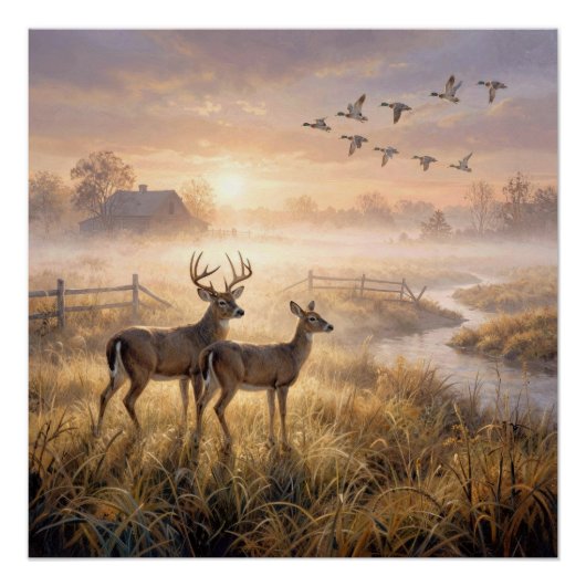 Herten en eenden in ochtendmist perfect poster (Voorkant)
