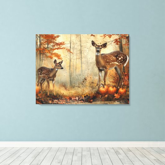 herten en fawn herfstblad 32x24 canvas afdruk (Insitu (Houten vloer))