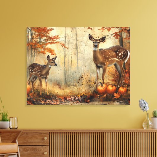 herten en fawn herfstblad 32x24 canvas afdruk (Insitu (Woonkamer))