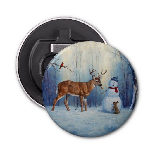 Herten en Gelukkige Sneeuwman Winter Vakantie Scèn Button Flesopener (Voorkant)