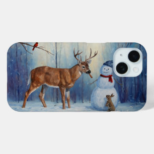 Herten en Gelukkige Sneeuwman Winter Vakantie Scèn iPhone 15 Case