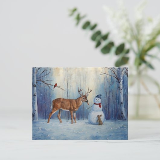 Herten en Gelukkige Sneeuwman Winter Vakantie Scèn Feestdagenkaart (Staand voorkant)