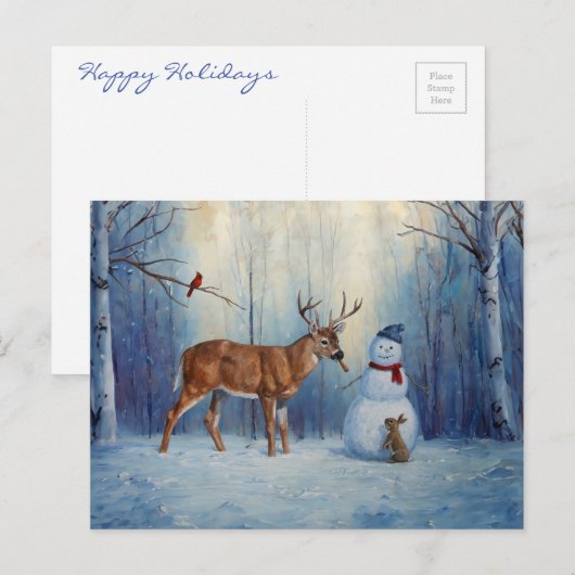 Herten en Gelukkige Sneeuwman Winter Vakantie Scèn Feestdagenkaart (Voorkant / Achterkant)