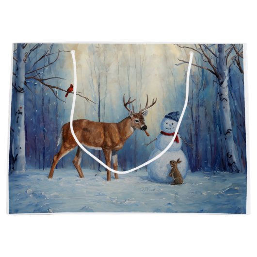 Herten en Gelukkige Sneeuwman Winter Vakantie Scèn Groot Cadeauzakje (Voorkant)