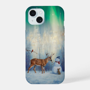 Herten en Gelukkige Sneeuwman Winter Vakantie Scèn iPhone 15 Case