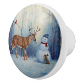 Herten en Gelukkige Sneeuwman Winter Vakantie Scèn Keramische Knop (Rechts)