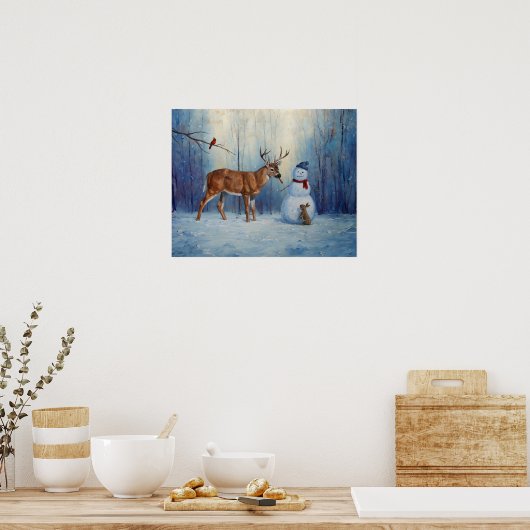 Herten en Gelukkige Sneeuwman Winter Vakantie Scèn Poster (Keuken)