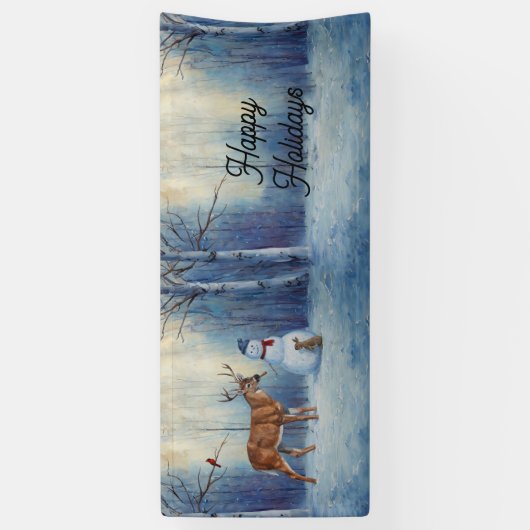 Herten en Gelukkige Sneeuwman Winter Vakantie Scèn Spandoek (Verticaal)