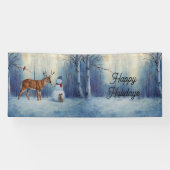 Herten en Gelukkige Sneeuwman Winter Vakantie Scèn Spandoek (Horizontaal)