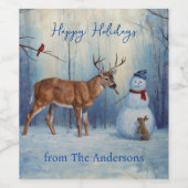 Herten en Gelukkige Sneeuwman Winter Vakantie Scèn Wijn Etiket (Enkel label)