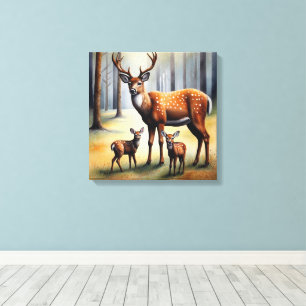 Herten en kalveren in bos wilde dieren canvas afdruk