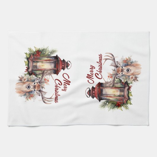 Herten en Kerst Lantaarn Keuken Handdoek (Horizontaal)