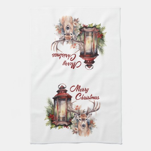 Herten en Kerst Lantaarn Keuken Handdoek (Verticaal)