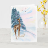 Herten en konijn bij zonsopgang Kerstmis Kaart (Gele Bloem)