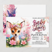 Herten en Wildflower Roze Baby shower Kaart (Voorkant / Achterkant)