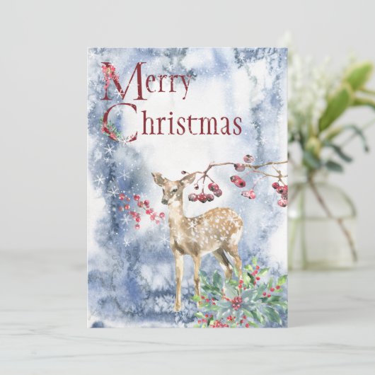 Herten Fawn, bessen en vogel Moderne kerst Kaart (Staand voorkant)