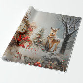 Herten Fawn Kerk Klok Kerstmis Cadeaupapier (Uitgerold)