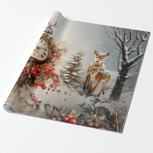Herten Fawn Kerk Klok Kerstmis Cadeaupapier (Uitgerold)