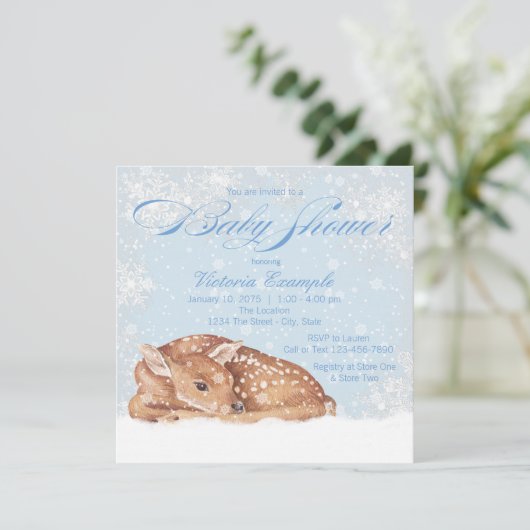 Herten Fawn Snowflake Boy Baby Shower Uitnodiginge Kaart (Staand voorkant)