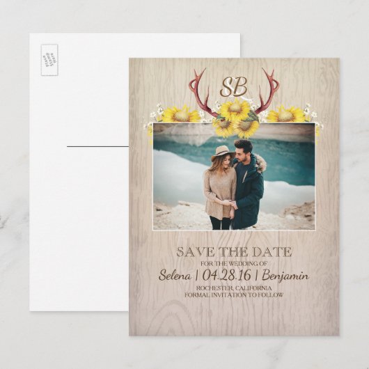 Herten gewei en zonnebloemen foto Save the Date Aankondigingskaart (Voorkant / Achterkant)