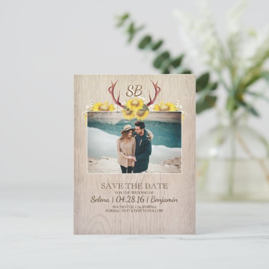 Herten gewei en zonnebloemen foto Save the Date Aankondigingskaart (Staand voorkant)