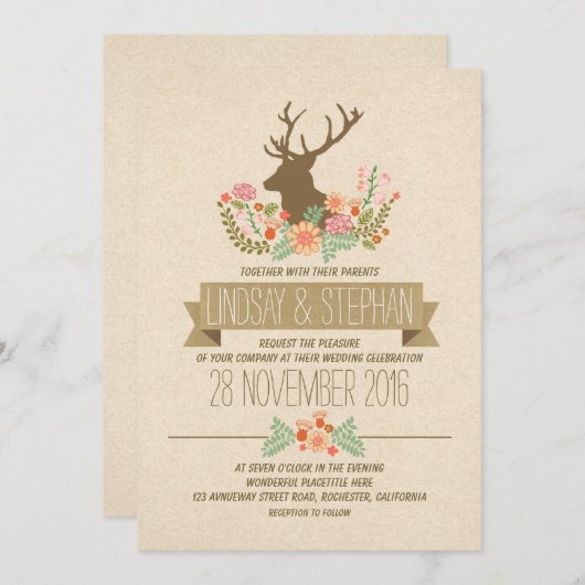 Herten gewei romantische rustieke bruiloft uitnodi kaart (Voorkant / Achterkant)