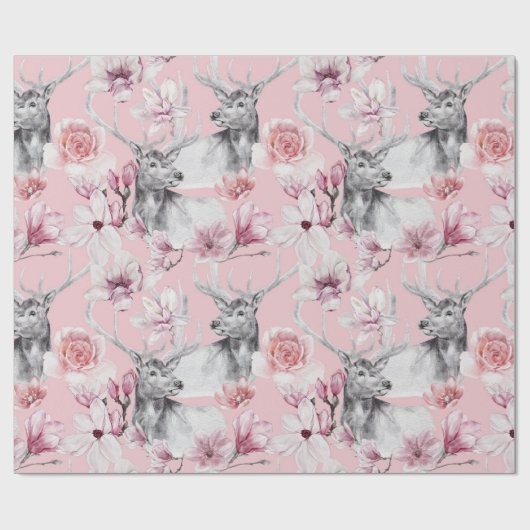 Herten grijs roze pioenrozen bloemig inpakpapier (Vlak)