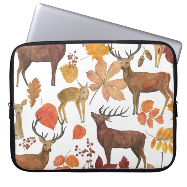 Herten, herfstbladeren: waterverf. laptop sleeve (Voorkant)
