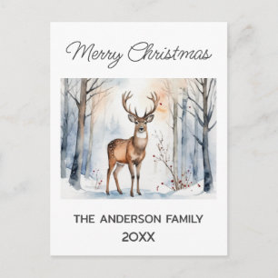 Herten In Besneeuwd Bos Kerstbomen Aquarel Briefkaart