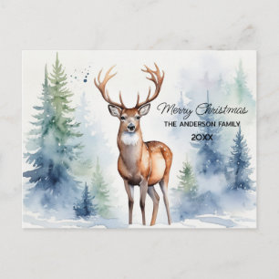Herten In Besneeuwd Bos Kerstbomen Aquarel    Briefkaart