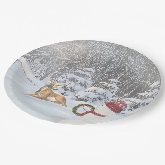 herten in bossen met kerstsnowman papieren bordje (Gekanteld)