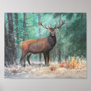 Herten in de Bossen olieverfschilderij. sneeuwboss Poster