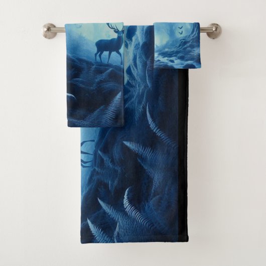 Herten in donker bos van blauwe nevel bad handdoek (Insitu)