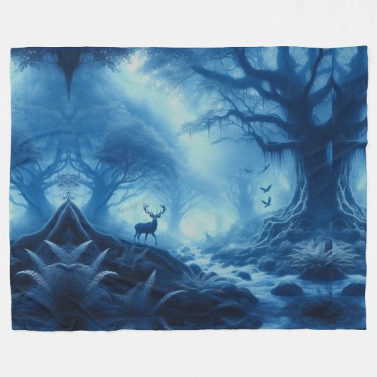 Herten in donker bos van blauwe nevel fleece deken (Voorkant (Horizontaal))