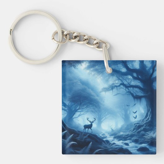 Herten in donker bos van blauwe nevel sleutelhanger (Voorkant)