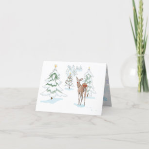 Herten in het besneeuwde bos met rode neus feestdagen kaart