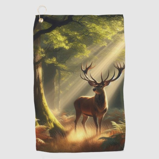 Herten in het ochtendbos golfhanddoek (Voorkant)