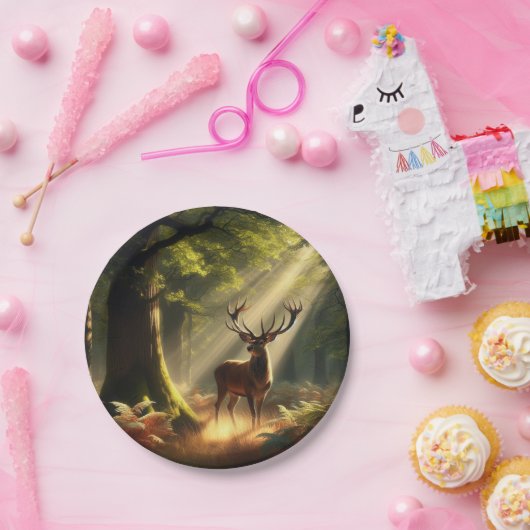 Herten in het ochtendbos papieren bordje (Feest)