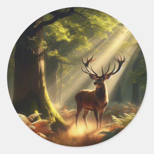 Herten in het ochtendbos ronde sticker (Voorkant)