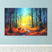 Herten in het regenboogherfstbos canvas afdruk (Insitu (Houten vloer))