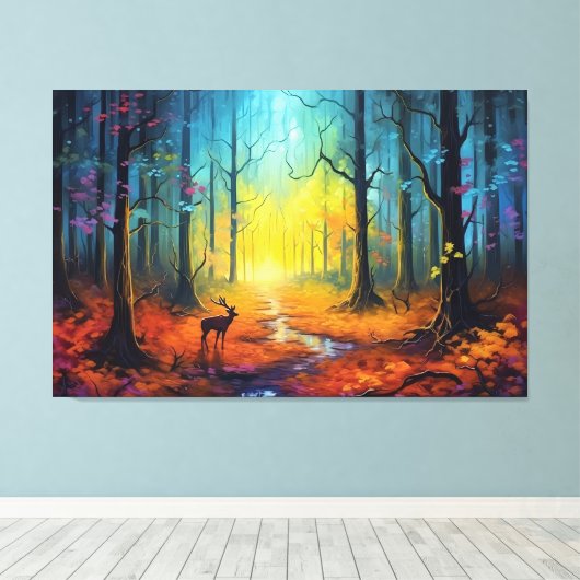 Herten in het regenboogherfstbos canvas afdruk (Insitu (Houten vloer))