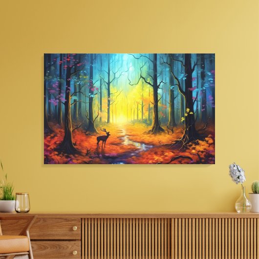 Herten in het regenboogherfstbos canvas afdruk (Insitu (Woonkamer))
