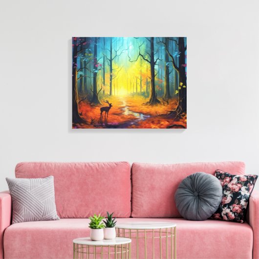 Herten in het regenboogherfstbos canvas afdruk (Insitu (Woonkamer))
